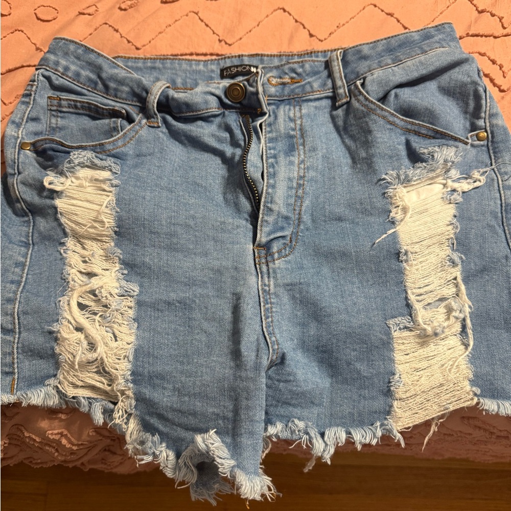 Fashion Nova Blue Distressed Denim Shorts